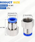5 Pack Push To Connect Fittings 12mm Tube One Half Inch NPT Nickel Plated Brass Straight Female Adapters Blue