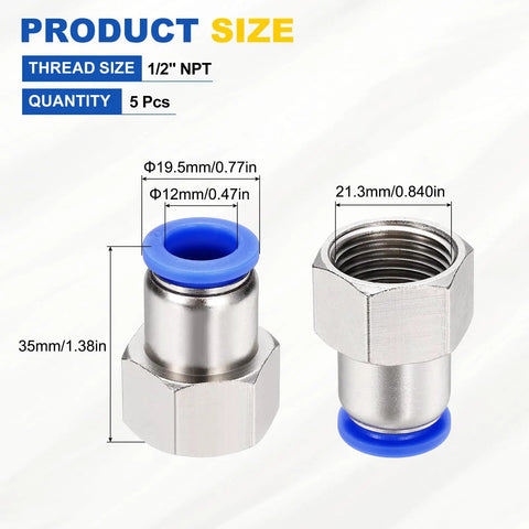 5 Pack Push To Connect Fittings 12mm Tube One Half Inch NPT Nickel Plated Brass Straight Female Adapters Blue