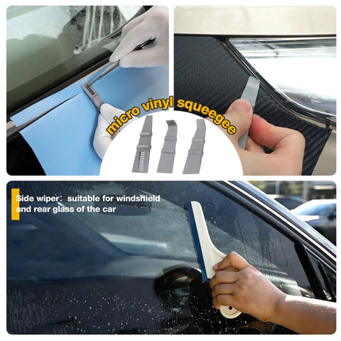 Pro Grade Car Window Tint And Vinyl Wrap Tool Kit with 8 Pcs Micro Squeegees in use for smooth flawless wraps DIY friendly.