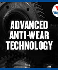 Close-up of gears with text 'Advanced Anti-Wear Technology' promoting Dual Clutch Transmission Fluid For Smoother Shifts And Anti Shudder Protection, Tough As Nails Anti Wear Formula To Extend Transmission Life, 1 Quart For Extra Gear Protection And Quieter Operation Under Heavy Driving.