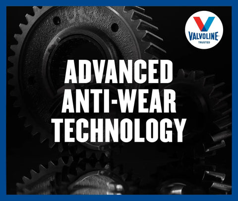 Close-up of gears with text 'Advanced Anti-Wear Technology' promoting Dual Clutch Transmission Fluid For Smoother Shifts And Anti Shudder Protection, Tough As Nails Anti Wear Formula To Extend Transmission Life, 1 Quart For Extra Gear Protection And Quieter Operation Under Heavy Driving.