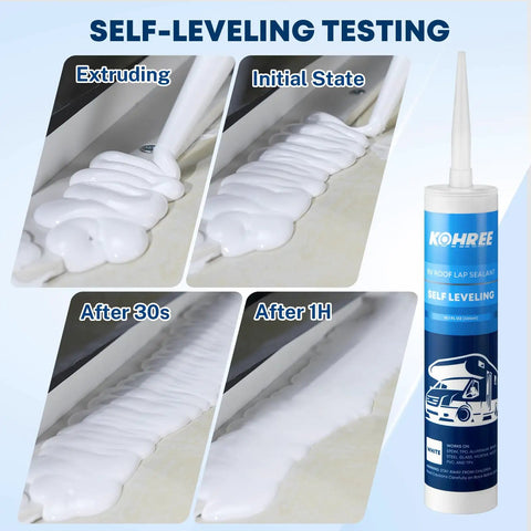 RV Roof Sealant Self Leveling White Two Pack Lap Caulk For Roofing shown in self-leveling test with extruding stages.