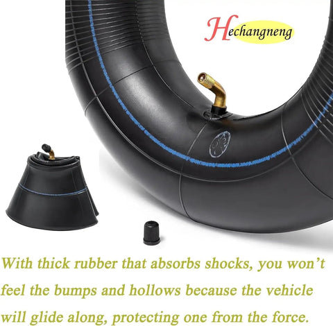 Heavy Duty Inner Tubes For 4.10/3.50-5 With TR-87 Bent Valve Stem, 2-Pack, close-up of rubber tube and valve