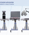 Motorized Optometrist Ophthalmic Table With Electric Lift, Drawer, Aluminum Alloy Post, three setup options shown