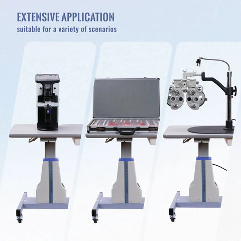Motorized Optometrist Ophthalmic Table With Electric Lift, Drawer, Aluminum Alloy Post, three setup options shown