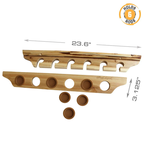 Six Rod Vertical Wall Mount Fishing Rod Rack For Garage Ceiling Or Wall Storage Solid Pine Construction with dimensions shown
