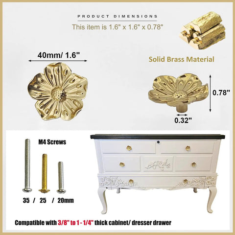 Solid Brass Flower Drawer Knobs Two Pack 40mm Gold Cabinet Handles with screws and dresser compatibility shown
