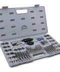 60-Piece tap and die set in gray plastic storage case with SAE sizes #4 to 1/2 in and metric M3 to M12.