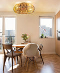 Dining room with 20 Inch Caged Farmhouse Ceiling Fan With Light Remote Control Low Profile Flush Mount Enclosed Design 6 Speeds Reversible Motor Handmade Hemp Rope Cage