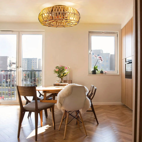 Dining room with 20 Inch Caged Farmhouse Ceiling Fan With Light Remote Control Low Profile Flush Mount Enclosed Design 6 Speeds Reversible Motor Handmade Hemp Rope Cage