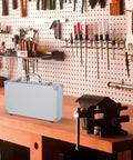 Portable Aluminum Alloy Toolbox Case With Handle on workbench in workshop; multipurpose carry box for tools and essentials storage.