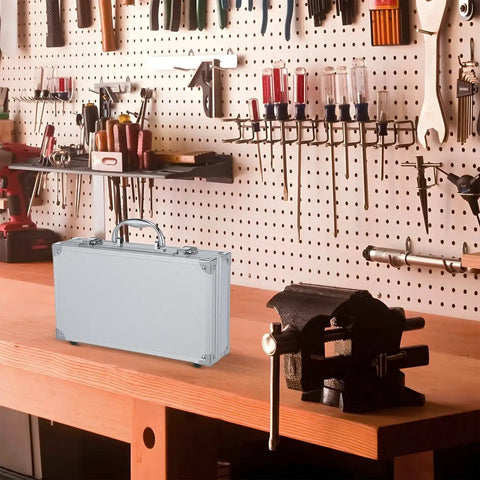 Portable Aluminum Alloy Toolbox Case With Handle on workbench in workshop; multipurpose carry box for tools and essentials storage.