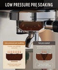 Low pressure pre soaking for espresso preparation in a compact espresso machine, displaying coffee grounds clarity.