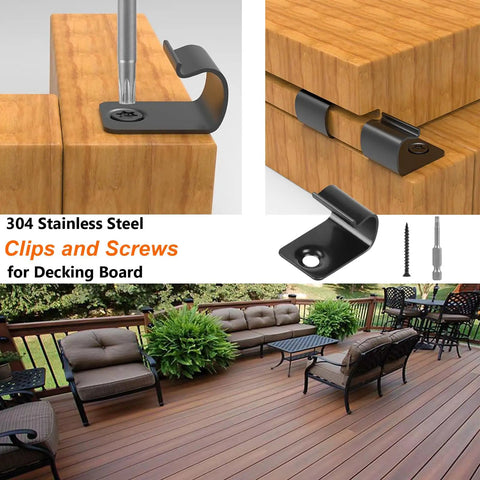 Starter Deck Clips 50 Pack Universal Hidden Fasteners For Composite Decking, Pro Grade Stainless Steel 304 With 52 Torx Screws And 1 Torx Bit, shown installed on wooden decking.