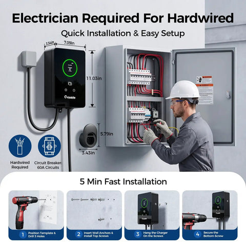 Heavy Duty 48 Amp Level 2 EV Charger With 25 Ft Cable Hardwired 240V Wall Station installation diagram with tools.