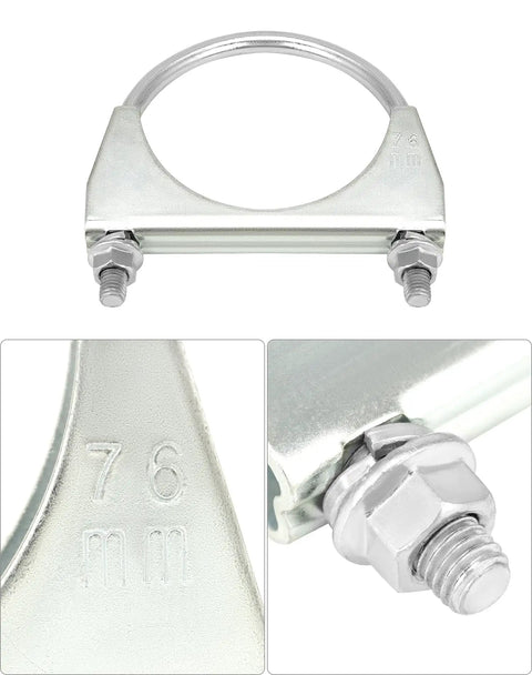 U Bolt Muffler Tip Exhaust Hook Set For DIYers, 3 Inch OD, Steel Exhaust Pipe Clamp with visible galvanized finish detail