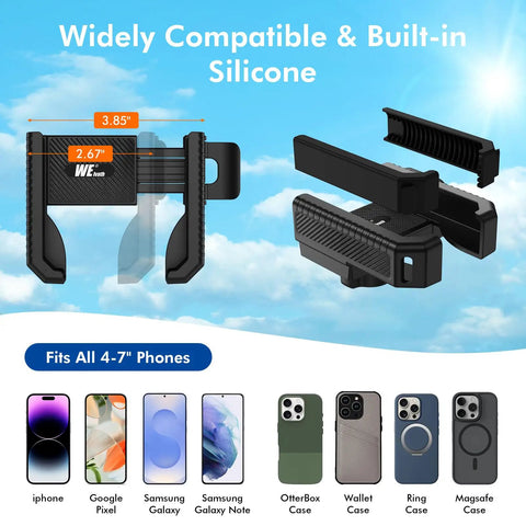 Magnetic Golf Cart Phone Holder Rotatable Mount showing compatibility with iPhone, Galaxy, holders fitting 4.5-7 inch phones.