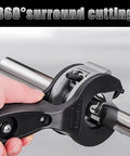 Close-up of Ratcheting Tubing Cutter 2-In-1 Close Quarters Pipe Cutter For Copper PVC And Metal Tubes in use, cutting metal pipe.
