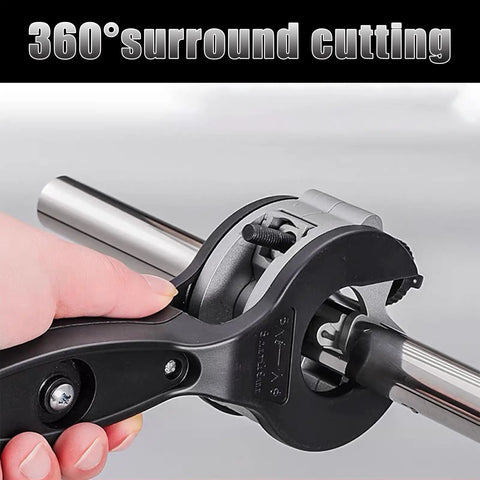 Close-up of Ratcheting Tubing Cutter 2-In-1 Close Quarters Pipe Cutter For Copper PVC And Metal Tubes in use, cutting metal pipe.