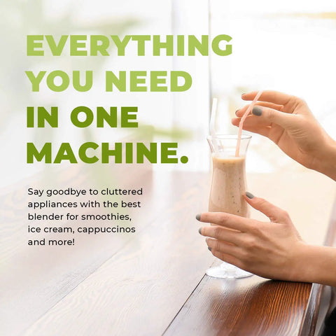 Creamy smoothie in a glass, held by hands on a wooden table, promoting Beast Pro Grade Countertop Blender With 3 HP 1800W Motor 64 Oz Jar Stainless Steel Blades Heavy Duty Commercial Kitchen Blender For Ice Crushing Smoothies Sauces And Hot Or Cold Blending 5 Year Warranty.