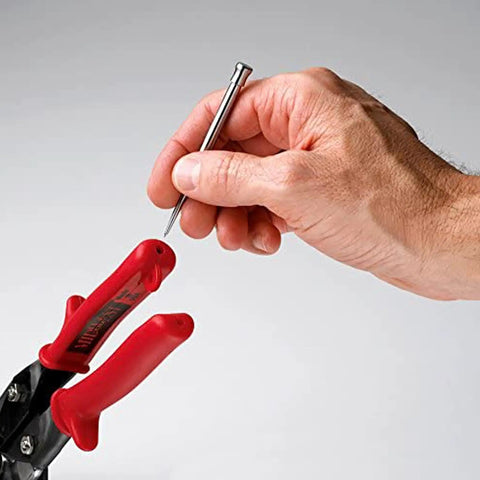 Hand using Rock Solid Heavy Duty Three Point Five Inch Scratch Awl Forged From Premium Steel Scribes Sheet Metal precision alignment.