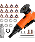 2-in-1 orange mini pneumatic chamfering tool with 1/4 in air inlet, includes carbide triangle blades and bearings