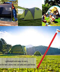 9 Inch Tent Stakes Set Lightweight Aluminum Alloy Ground Pegs for outdoor camping, tents in scenic background, with storage bag.