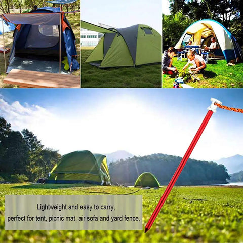 9 Inch Tent Stakes Set Lightweight Aluminum Alloy Ground Pegs for outdoor camping, tents in scenic background, with storage bag.
