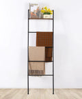 Versatile Blanket And Towel Ladder With Shelf Wall Leaning Black Iron Rack For Living Room Or Bathroom Cozy Space Saver Home Decor Rustproof Finish