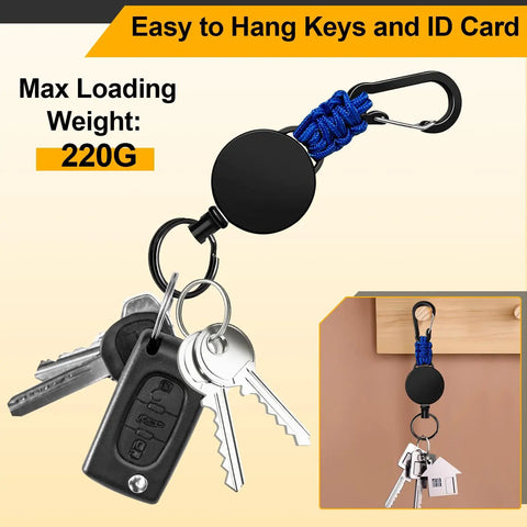 Set Of Four Retractable Keychains With Heavy Duty Carabiner Badge Holders, Extendable Reels, And 23.6 Inch Steel Cord Plus Paracord