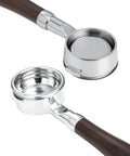 58mm Bottomless Portafilter Featuring Smooth Wood Ergonomic Handle And Double Shot Filter Basket For Breville Oracle Espresso Machines close-up view