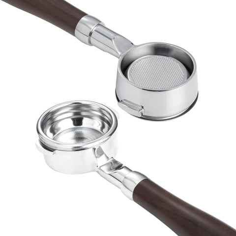 58mm Bottomless Portafilter Featuring Smooth Wood Ergonomic Handle And Double Shot Filter Basket For Breville Oracle Espresso Machines close-up view