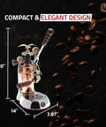 Handcrafted Italian 16 Cup Lever Espresso Machine Featuring Chrome Copper Body And Rosewood Handles Dual Frothing System, 20" tall design.