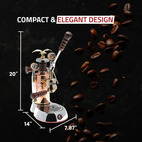 Handcrafted Italian 16 Cup Lever Espresso Machine Featuring Chrome Copper Body And Rosewood Handles Dual Frothing System, 20" tall design.