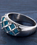 Womens Silver Plated Promise Ring With Blue Asscher Cubic Zirconia Grid Pave Design Size 10 Comfort Fit Solid Copper Band, angled view.