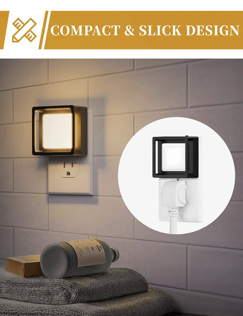 Plug In Wall Night Light Four Pack With Dusk To Dawn Sensor in bathroom with compact design mounted on tiled wall.