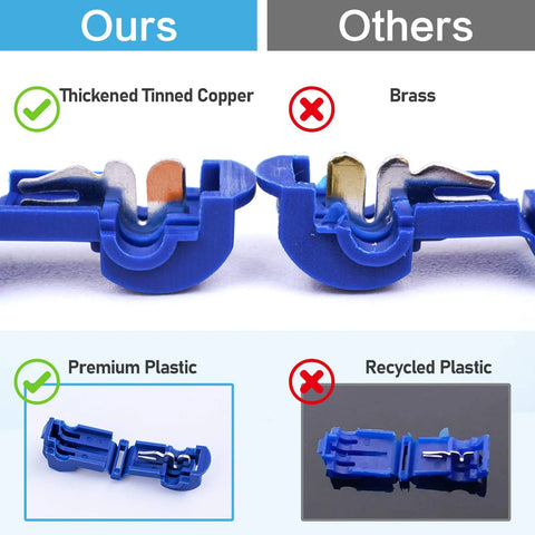 Close-up of blue T-tap wire connectors, 120-piece set with storage case showing metal contacts.