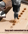 Top Notch Eight Piece Wood Plug Cutter Drill Bit Set Made From Tough Carbon Steel cutting a smooth cork on wood.