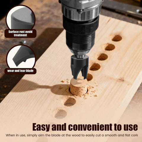 Top Notch Eight Piece Wood Plug Cutter Drill Bit Set Made From Tough Carbon Steel cutting a smooth cork on wood.