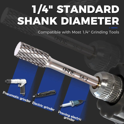 Sweet Spot Five Piece Long Carbide Burr Set With Quarter Inch Shanks For Die Grinders, showing 1/4" standard shank for various grinders.