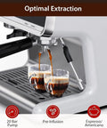 Professional Espresso Machine With Built In Grinder And Auto Milk Frother Delivers Barista Vibes And Kick Serious Flavor 20 Bar Pressure For Silky Latte And Cappuccino Shots Spacious Two Point Eight Liter Tank Perfect For Your Daily Home Grind, showing espresso extraction into two cups.