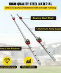 Two silver steel linear guide rails with red bearing blocks and mounting holes, front view