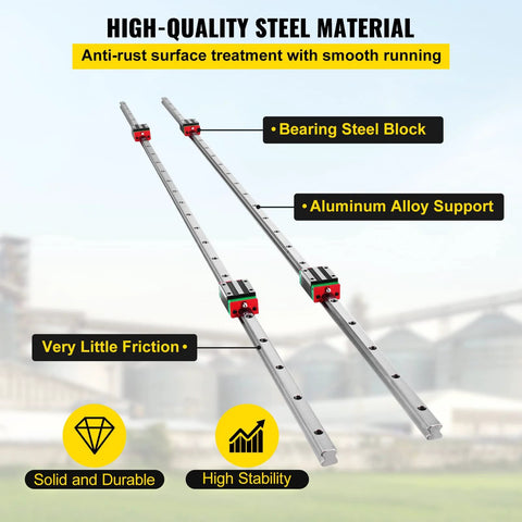 Two silver steel linear guide rails with red bearing blocks and mounting holes, front view