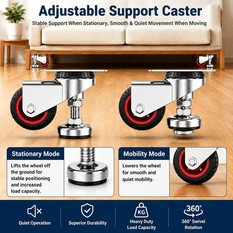 Heavy Duty 3 Inch Leveling Caster Wheels Set Of 4 Rated For 1600 Lbs showing adjustable support for stationary or mobility modes.