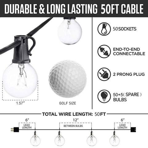 Diagram of Outdoor String Lights 27 Clear G40 Bulbs On 25 Foot Black Wire Weatherproof Connectable Lighting showing cable length and features.