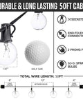 Diagram showing key features of Outdoor String Lights 50Ft With 55 G40 Globe Bulbs Connectable, 50 sockets, cable lengths, black wire.