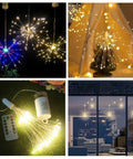 Lit 4 Pack Firework LED Copper Wire Star String Lights with Remote in various settings, showcasing flexible branches and 8 modes