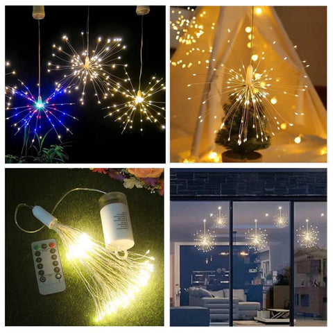 Lit 4 Pack Firework LED Copper Wire Star String Lights with Remote in various settings, showcasing flexible branches and 8 modes