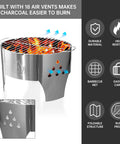 Portable 14 Inch Folding Campfire Grill With Carry Bag Stainless Steel Charcoal Grill For Camping Bonfires Picnics And Backyard Cooking Lightweight Durable Outdoor BBQ Gear with 18 air vents and flame design.