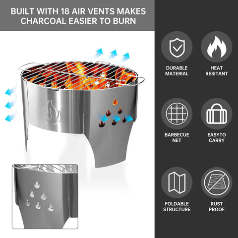 Portable 14 Inch Folding Campfire Grill With Carry Bag Stainless Steel Charcoal Grill For Camping Bonfires Picnics And Backyard Cooking Lightweight Durable Outdoor BBQ Gear with 18 air vents and flame design.